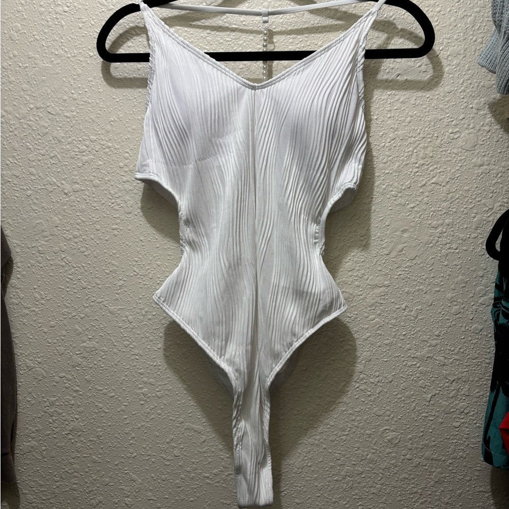 White Bathing Suit with Pearls